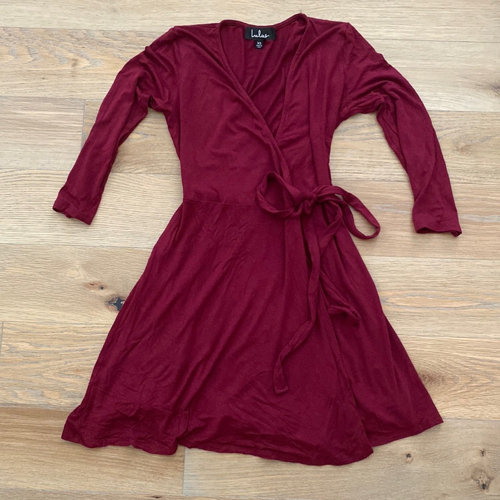 Lulus garden district burgundy wrap mini dress